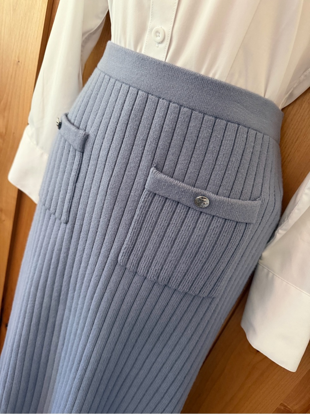 Vintage 90s Christian Lacroix Periwinkle Ribbed Knit Midi Skirt Y2K Minimalist L - Picture 5 of 13